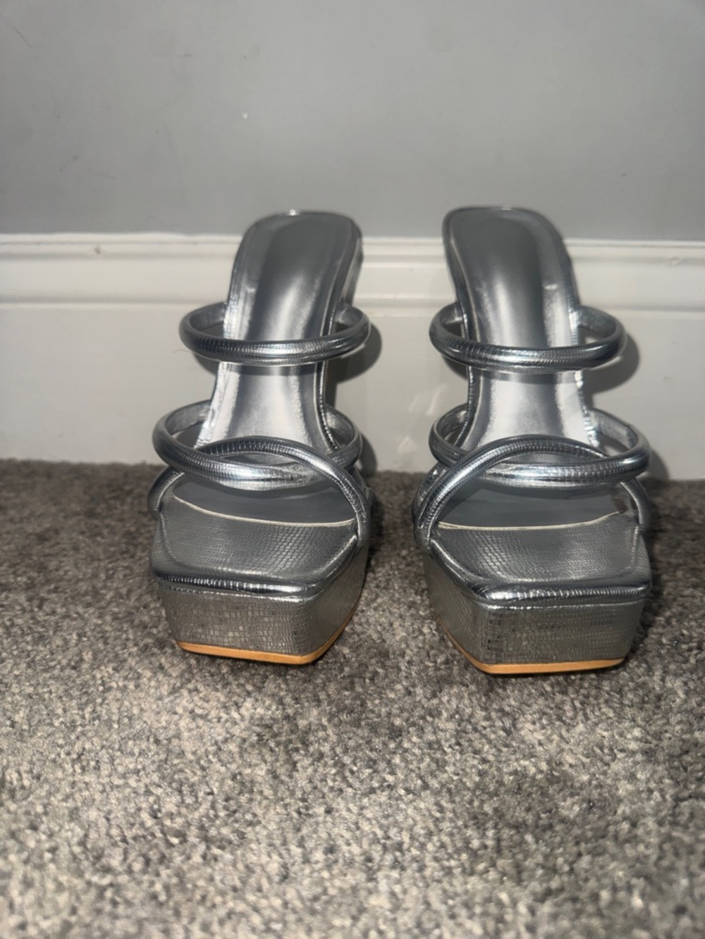 Silver Strappy Platform Heeled Sandals - Women's